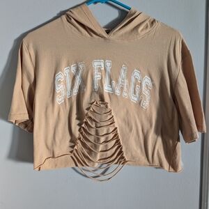 Tan Six Flags Cut-Out Cropped Hoodie